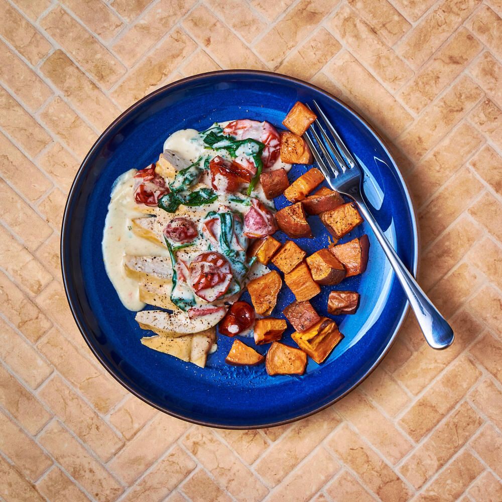 Creamy Spinach & Tomato Chicken With Sweet Potatoes