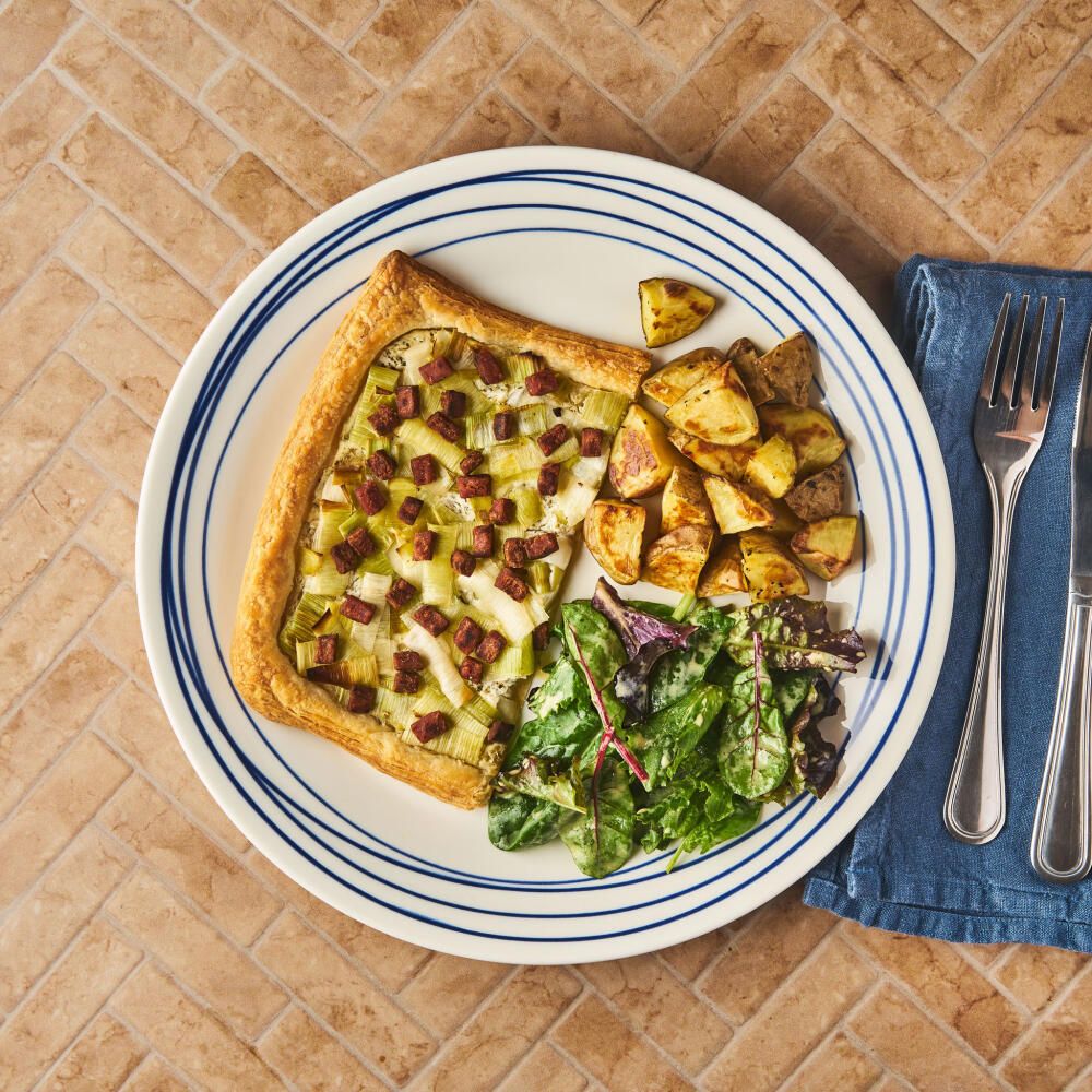 Crispy Meat-Free Bacon & Leek Tart With Potatoes & Salad