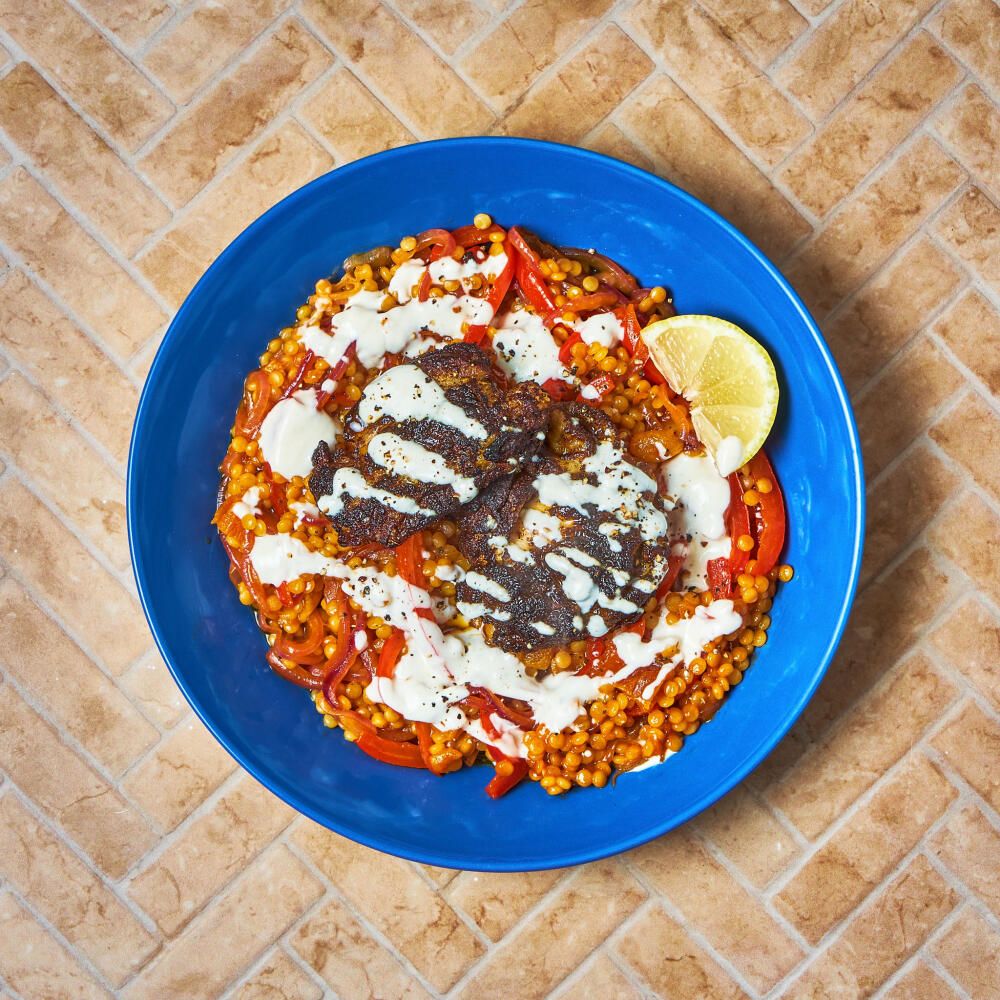 Crispy Ras El Hanout Chicken With Giant Couscous And Tahini Yoghurt