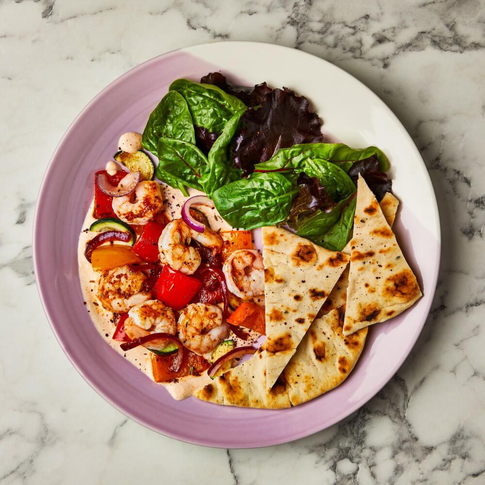 Harissa & Ginger Prawns With Yoghurt And Naan