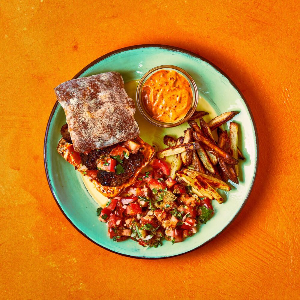 Merguez-Style Sandwich With Harissa Mayo And Cumin Salsa