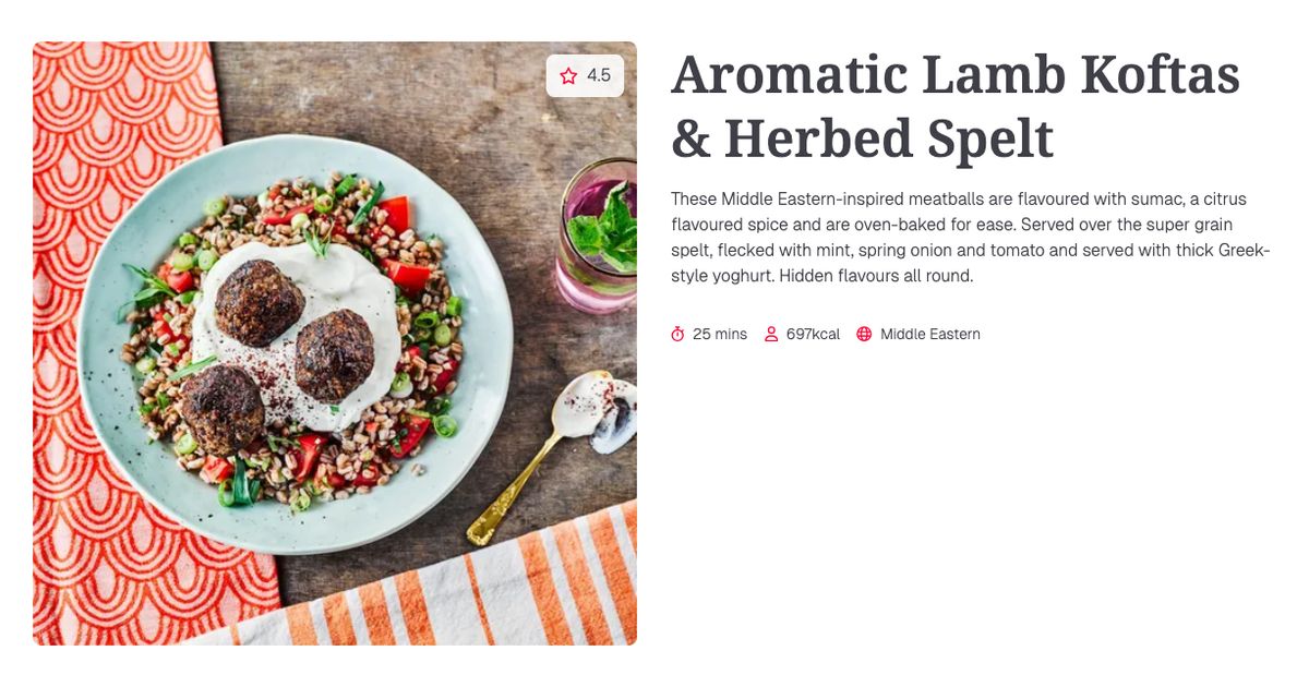 Aromatic Lamb Koftas & Herbed Spelt (25 mins) | Gousto Recipe Search