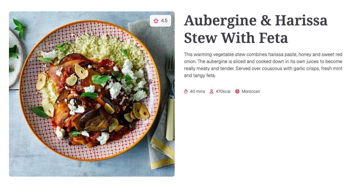 Aubergine & Harissa Stew With Feta (40 mins) | Gousto Recipe Search