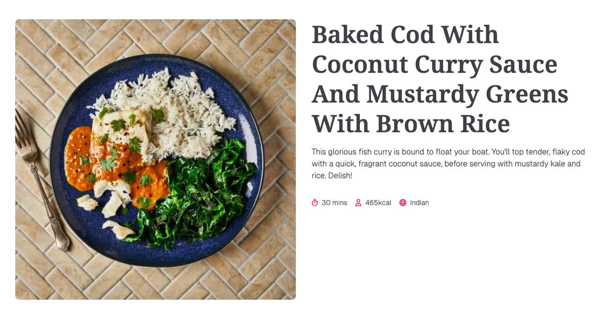 Baked Cod With Coconut Curry Sauce And Mustardy Greens With Brown Rice ...