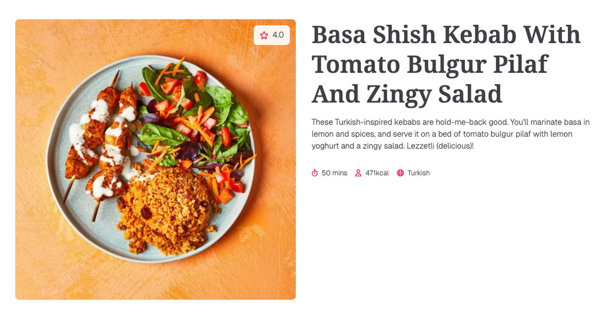 Basa Shish Kebab With Tomato Bulgur Pilaf And Zingy Salad (50 mins) | Gousto Recipe Search