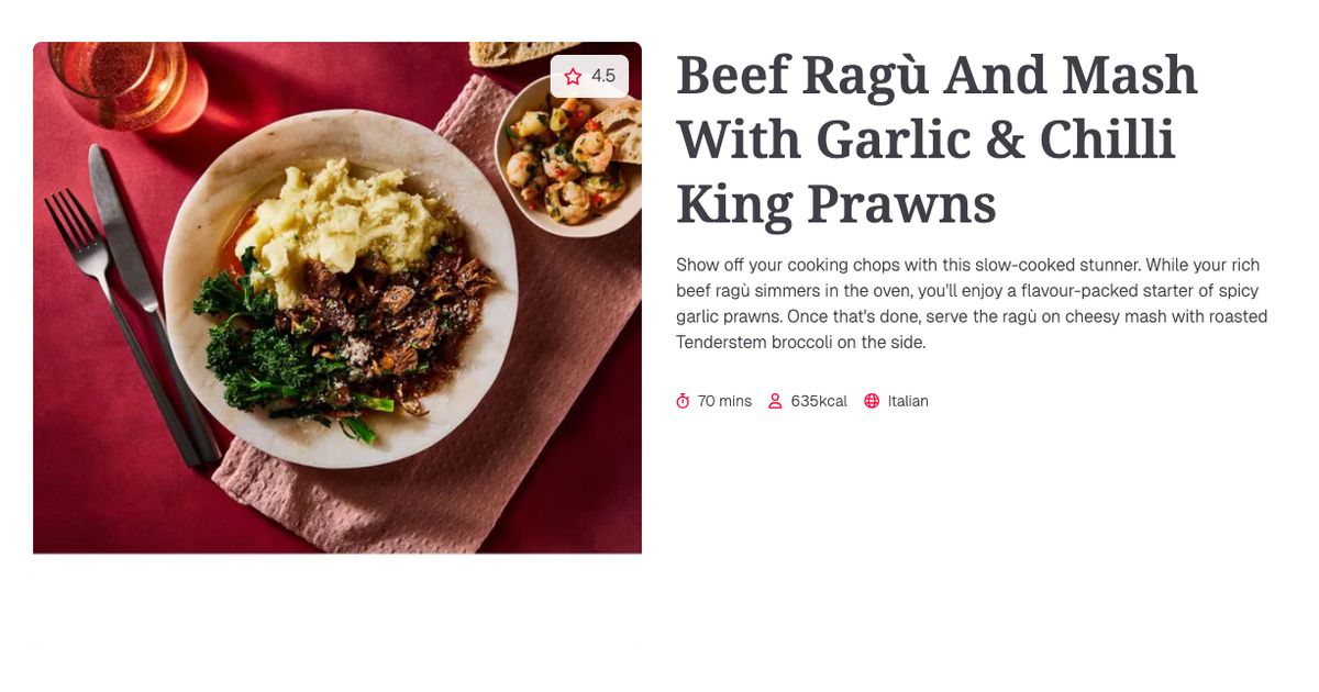 Prawn Ragu Beef Ragù And Mash With Garlic & Chilli King Prawns (70 mins) | Gousto ...