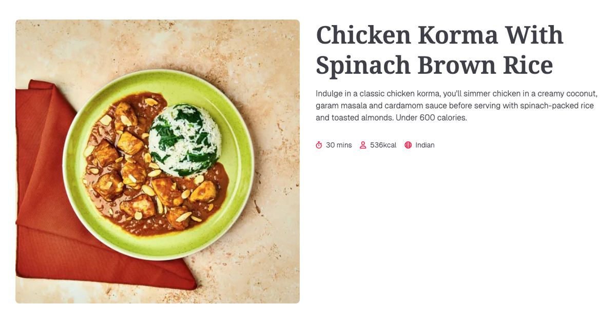 Chicken Korma With Spinach Brown Rice (30 mins) | Gousto Recipe Search