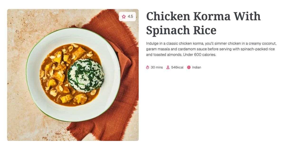 Chicken Korma With Spinach Rice (30 mins) | Gousto Recipe Search