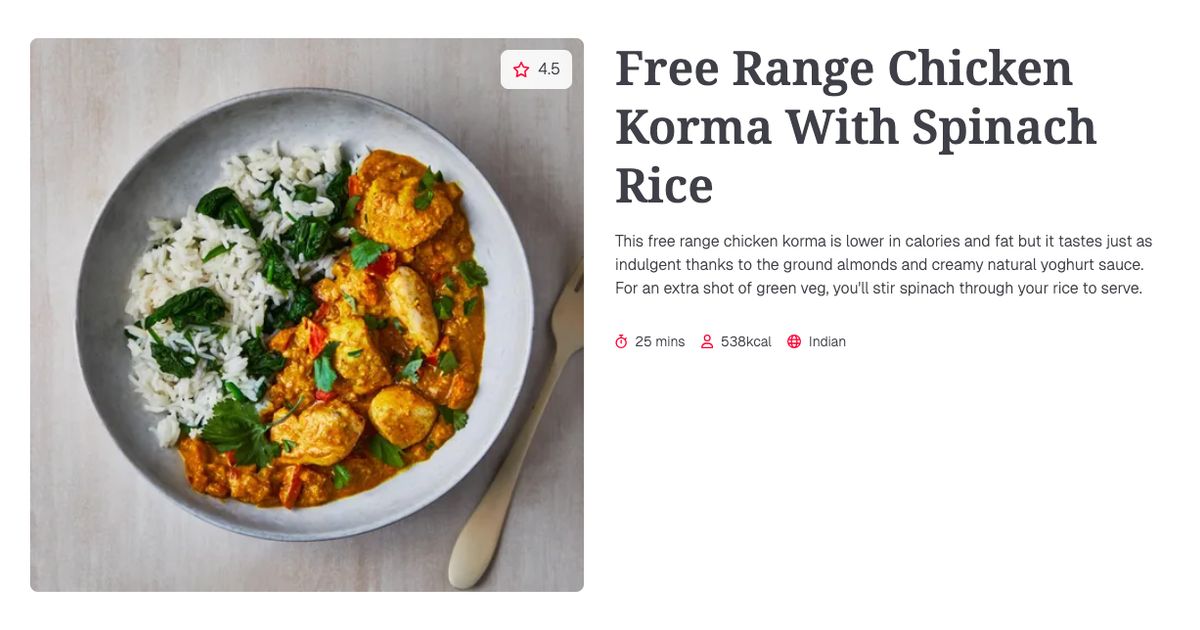 Free Range Chicken Korma With Spinach Rice (25 mins) | Gousto Recipe Search