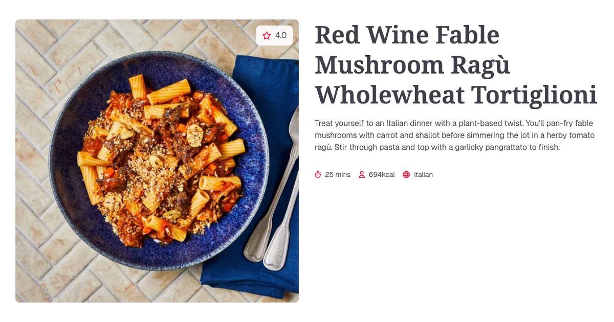 Red Wine Fable Mushroom Ragù Wholewheat Tortiglioni (25 mins) | Gousto ...
