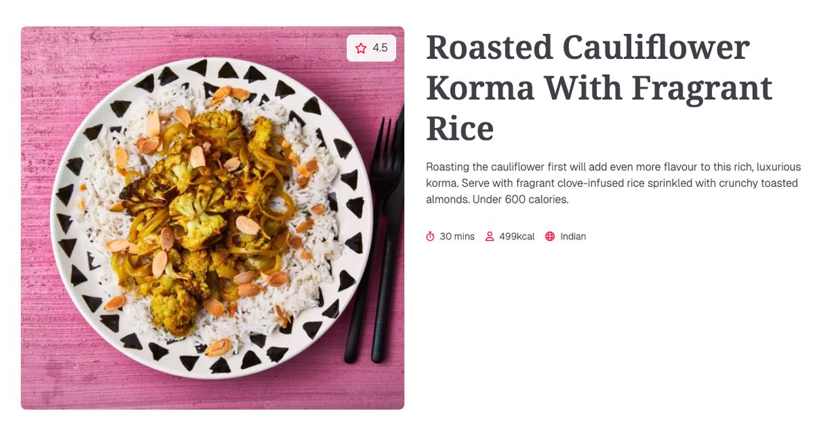 Roasted Cauliflower Korma With Fragrant Rice (30 mins) | Gousto Recipe ...