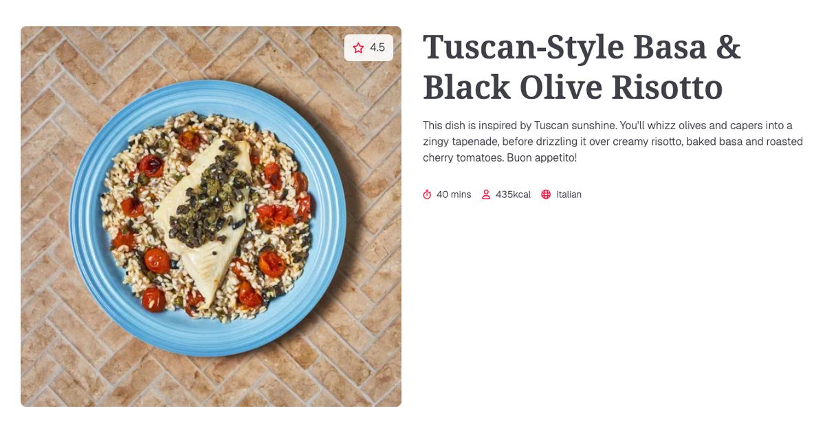 Tuscan-Style Basa & Black Olive Risotto (40 mins) | Gousto Recipe Search
